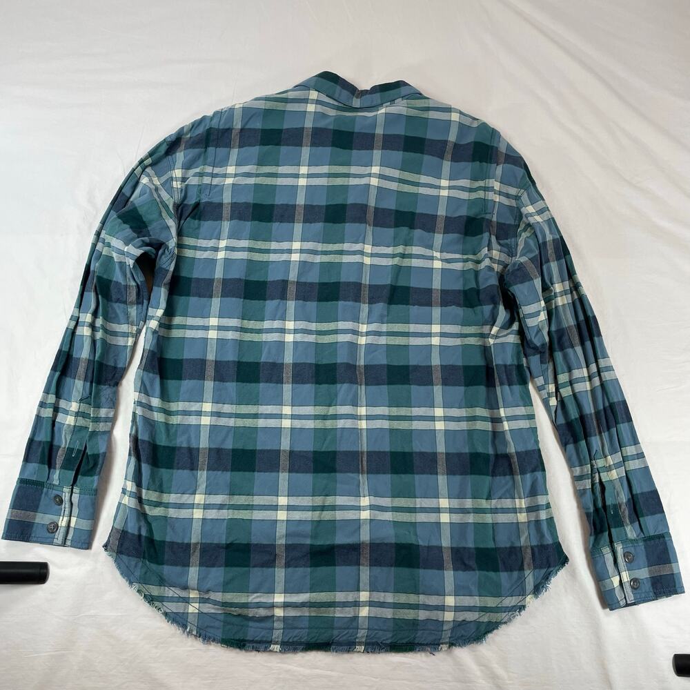 Free People Blue Plaid Raw Hem Oversized Flannel Button Down Top Large Women - Picture 3 of 7